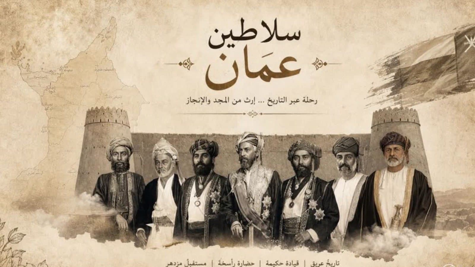 ملصق «سلاطين عُمان: رحلة عبر التاريخ… إرث من المجد والإنجاز» يجمع صور سلاطين عُمان أمام سور قلعة، وفي أسفله: تاريخ عريق، قيادة حكيمة، حضارة راسخة، مستقبل مزدهر
